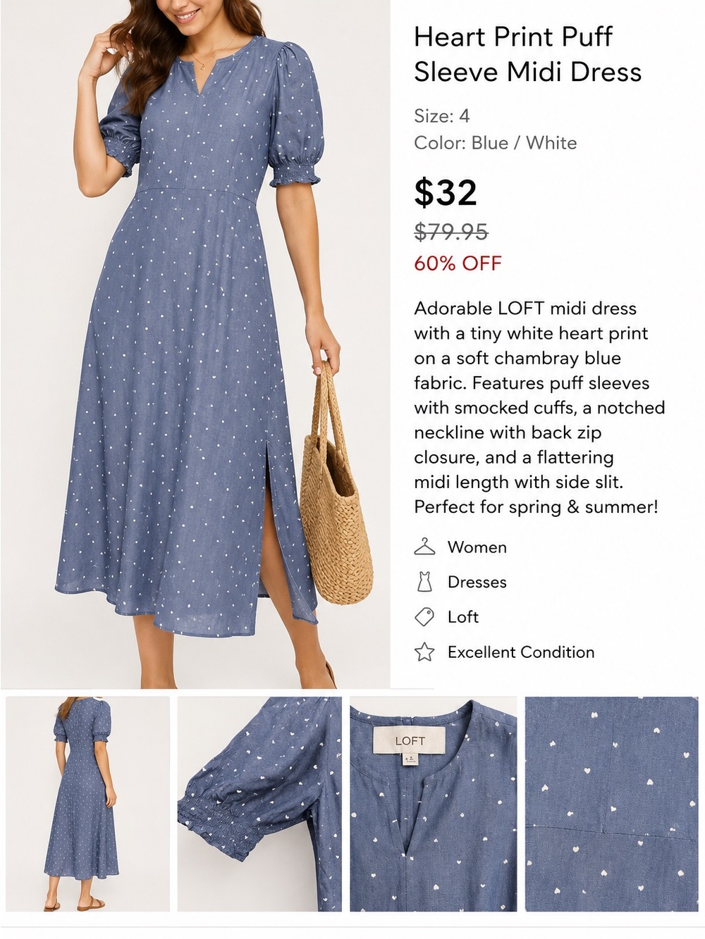 LOFT Blue Heart Print Puff Sleeve Midi Dress | Size 4 | Cottagecore